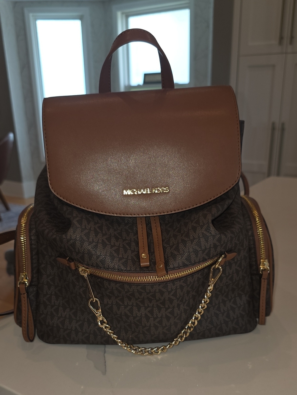 Michael Kors Brown Logo Backpack with Gold Chain Accent - Picture 2 of 5